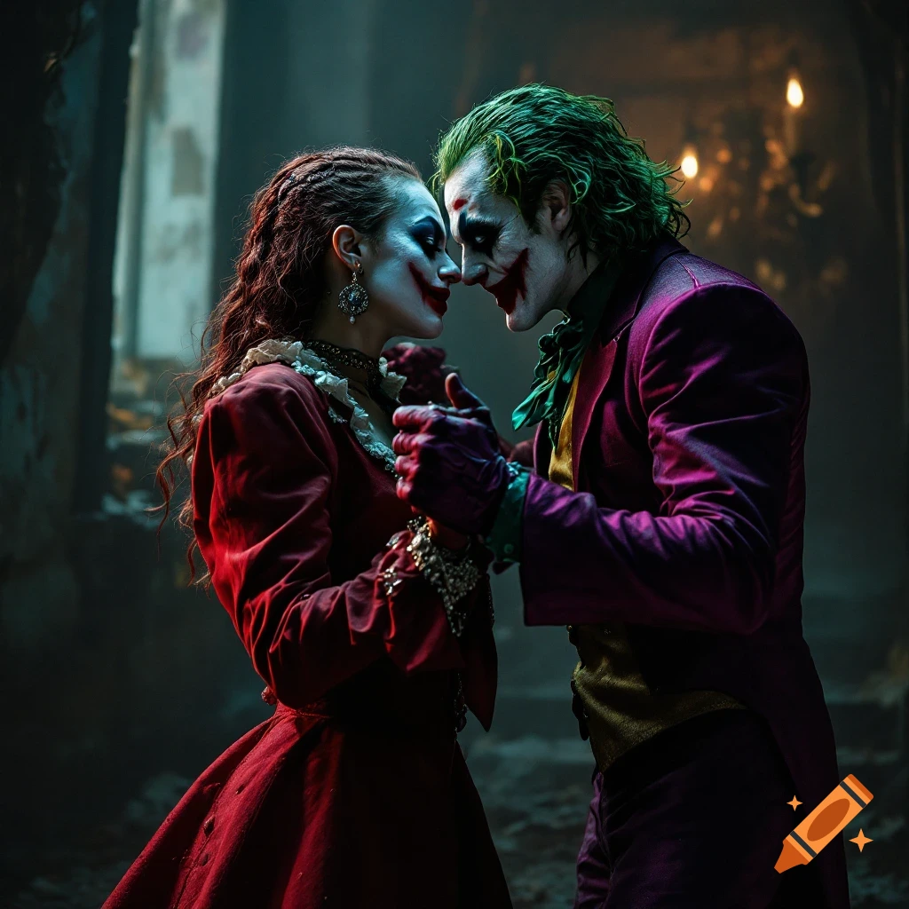 Joker and Harley Quinn look intensely at each other in a dark, dramatic setting.