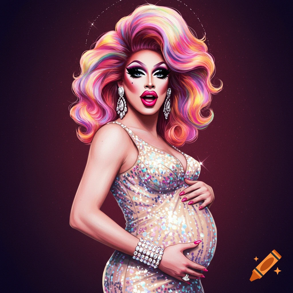 a glamorous drag queen with rainbow hair, makeup, sparkly dress, and pregnant belly