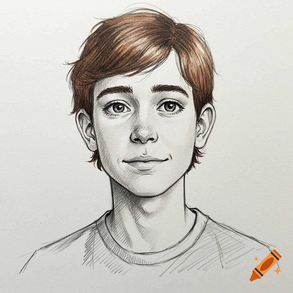 Pencil sketch portrait of a young person with brown hair.