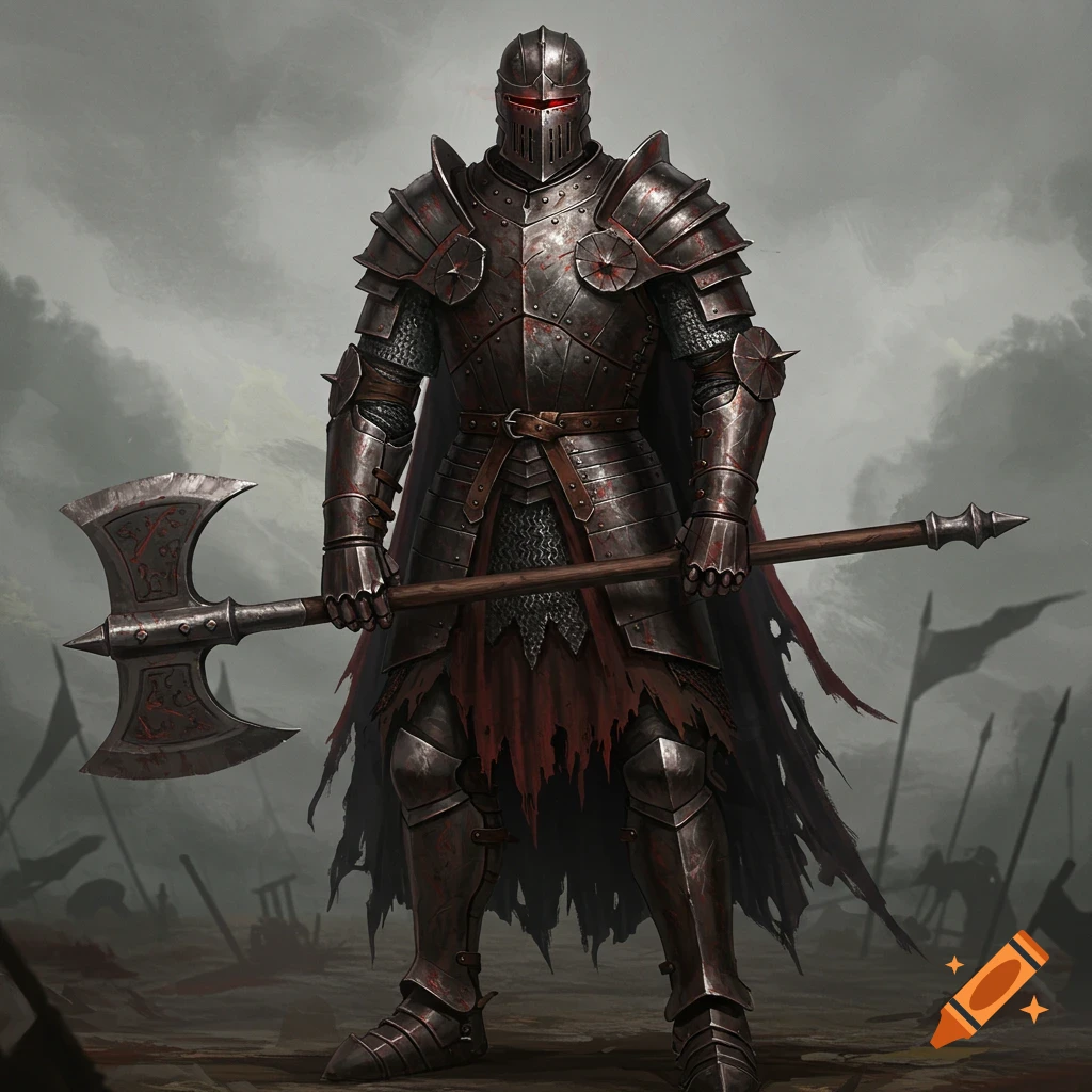 An armored knight with a red visor stands on a battlefield, holding a large double-headed axe.