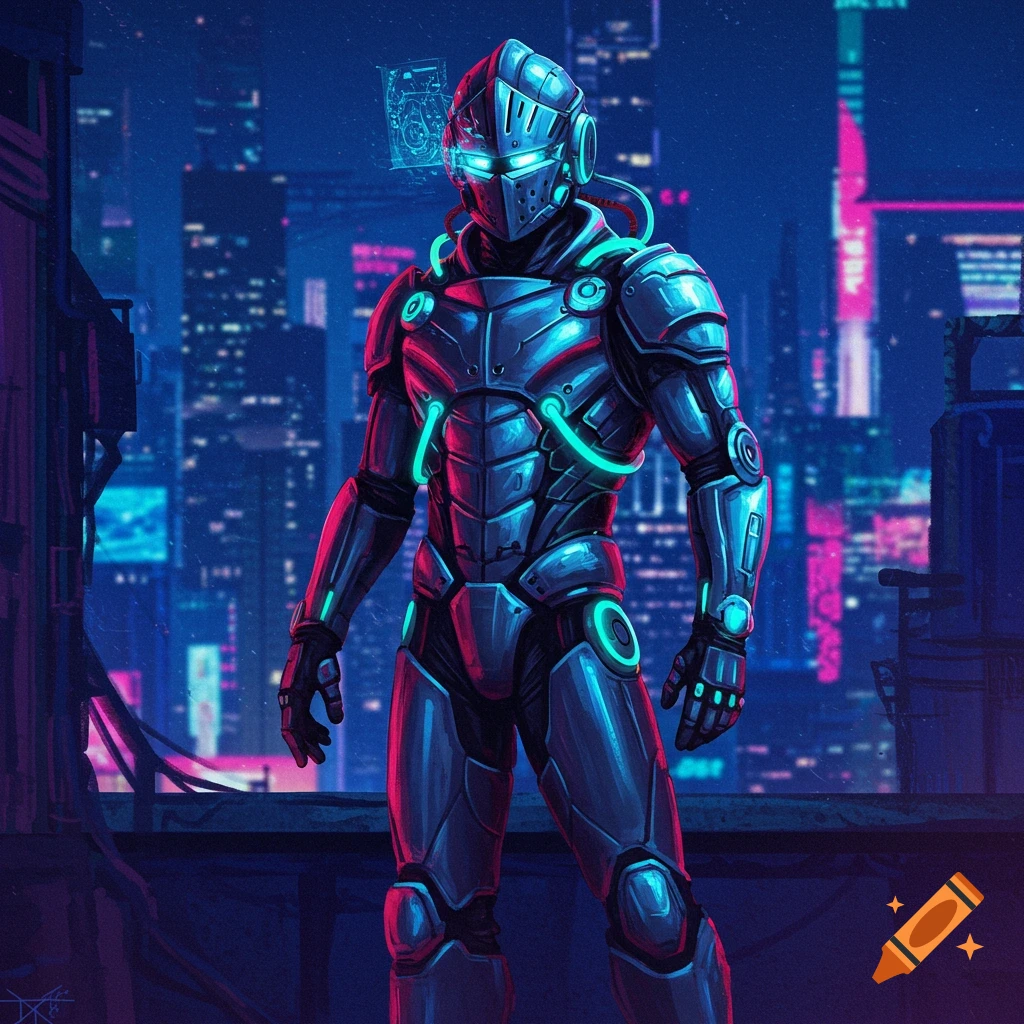A high tech knight superhero standing in a neon-lit cyberpunk city.