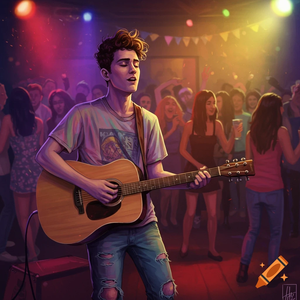 A young man plays guitar at a crowded party.