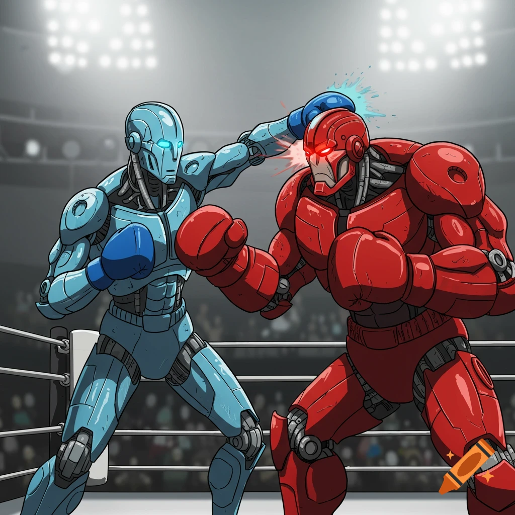 A blue robot and a red robot box in a ring, cartoon style.