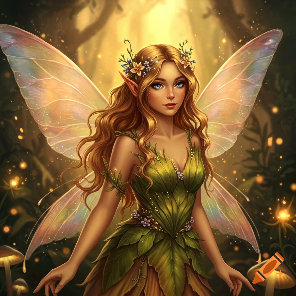 A fairy with blonde hair, blue eyes, and leaf dress in a magical forest.