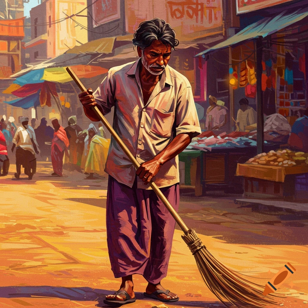A man sweeping a busy market street