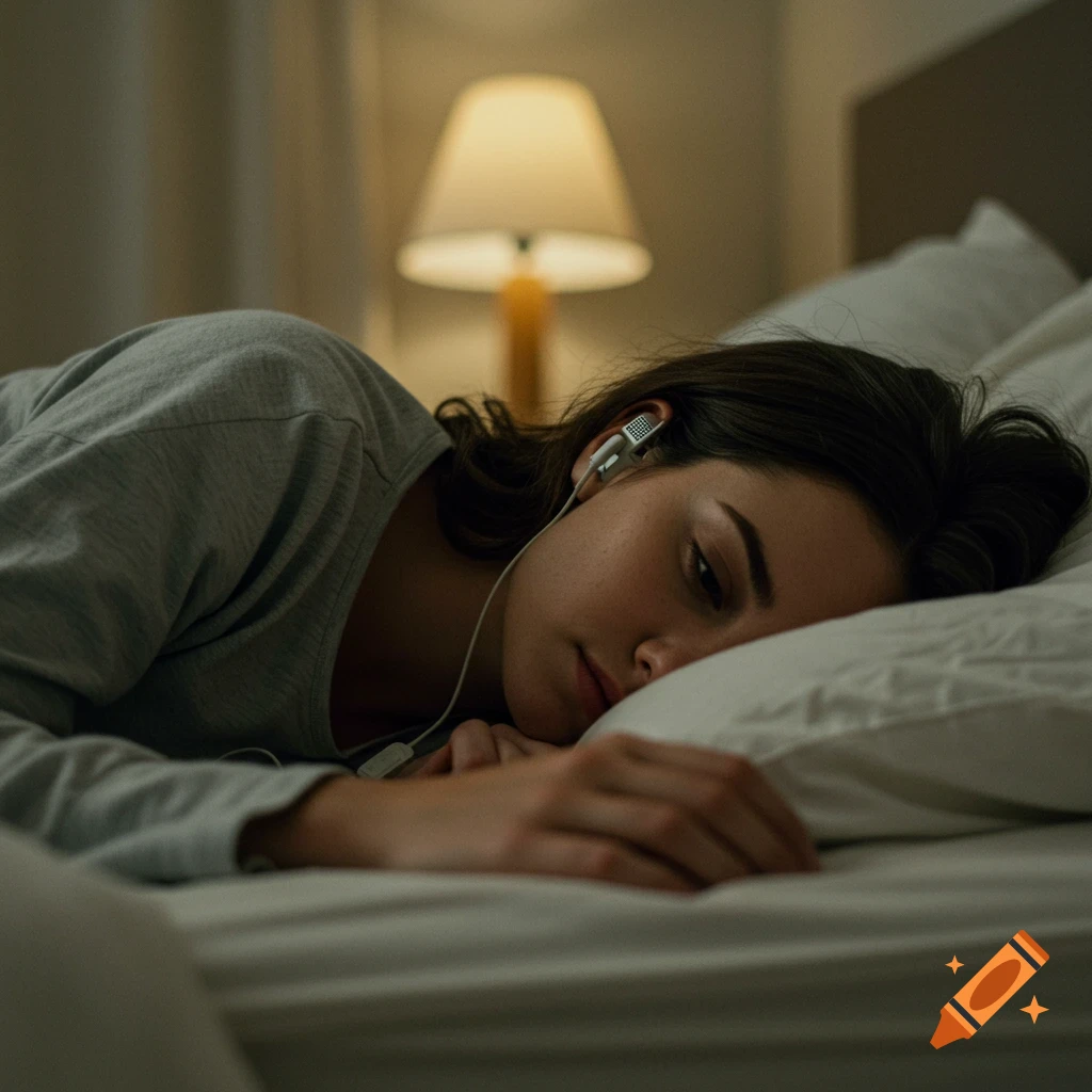 A person laying in bed listening to music with headphones.