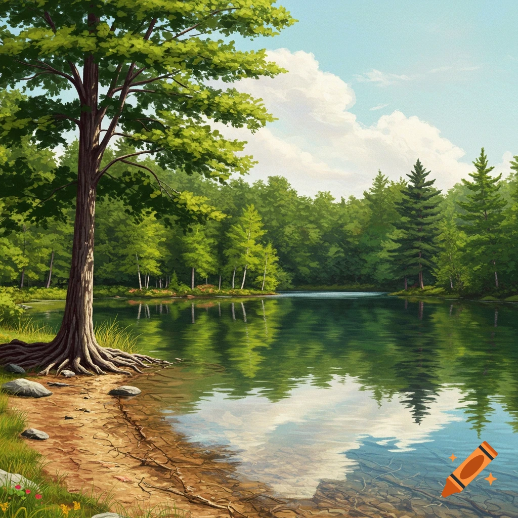 A tree on the shore of a placid forest lake with clouds reflected on the water.