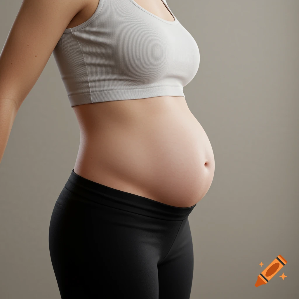 Close-up of a pregnant woman's belly wearing a crop top and leggings.