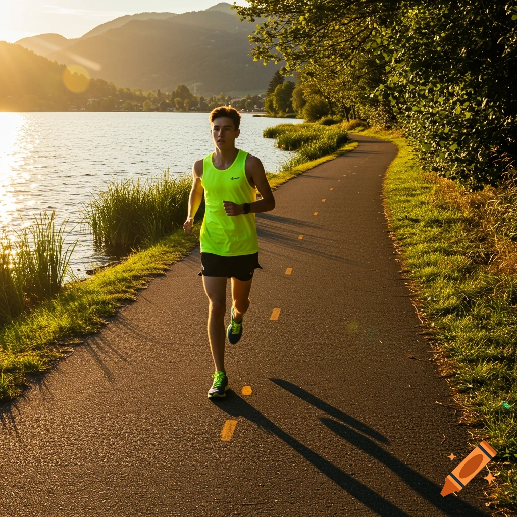 A person runs on a paved path next to a lake at sunset.