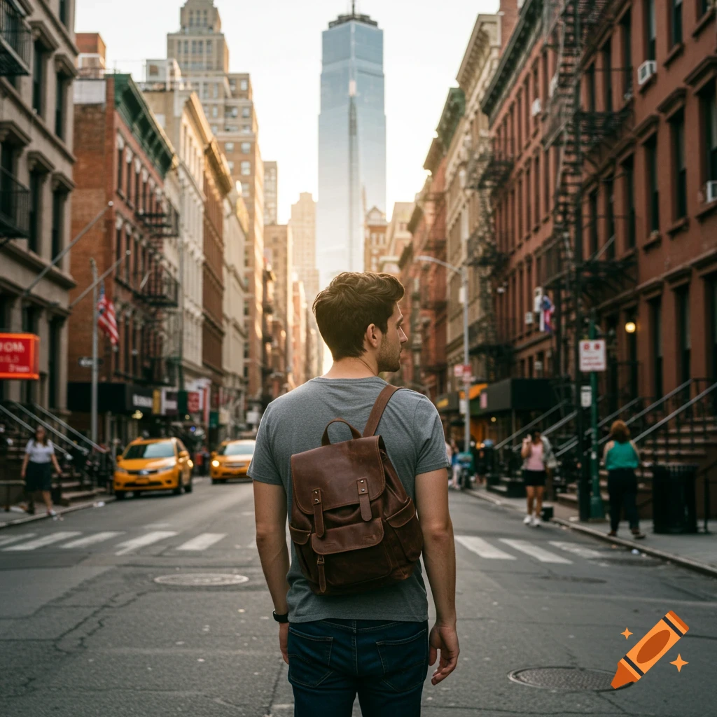 A man with a backpack looks down a New York City street with buildings and traffic.
