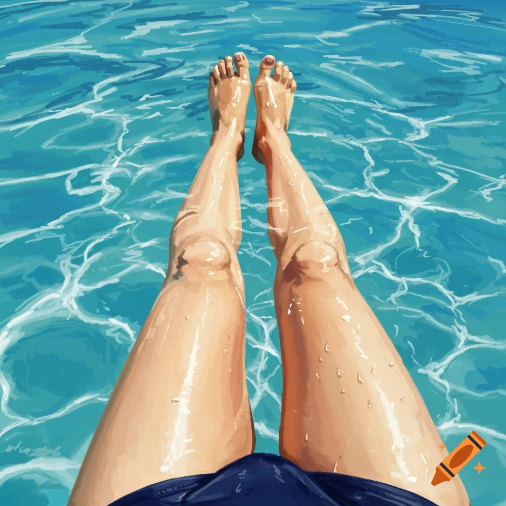 Legs submerged in bright blue water.