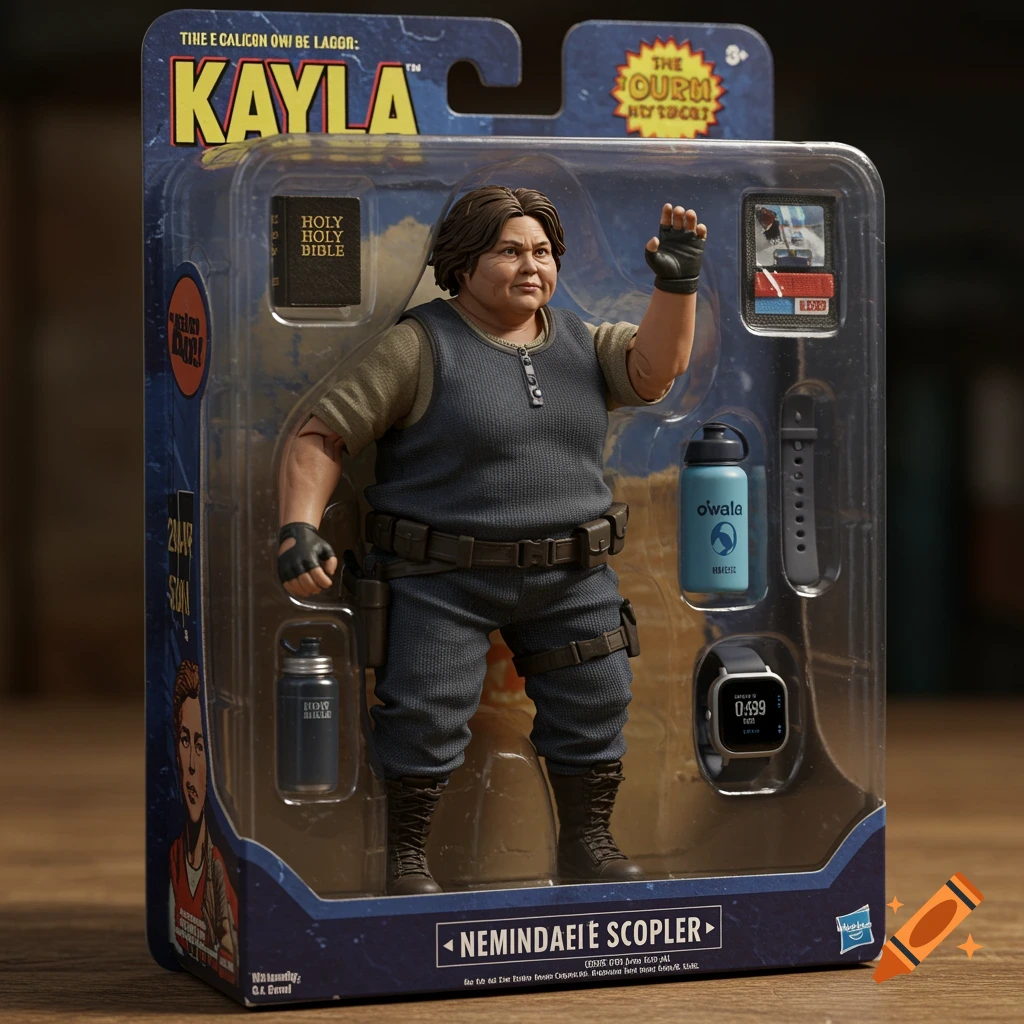Action figure in vintage-style packaging with accessories: Holy Bible, water bottle, and smartwatch. Photorealistic style.