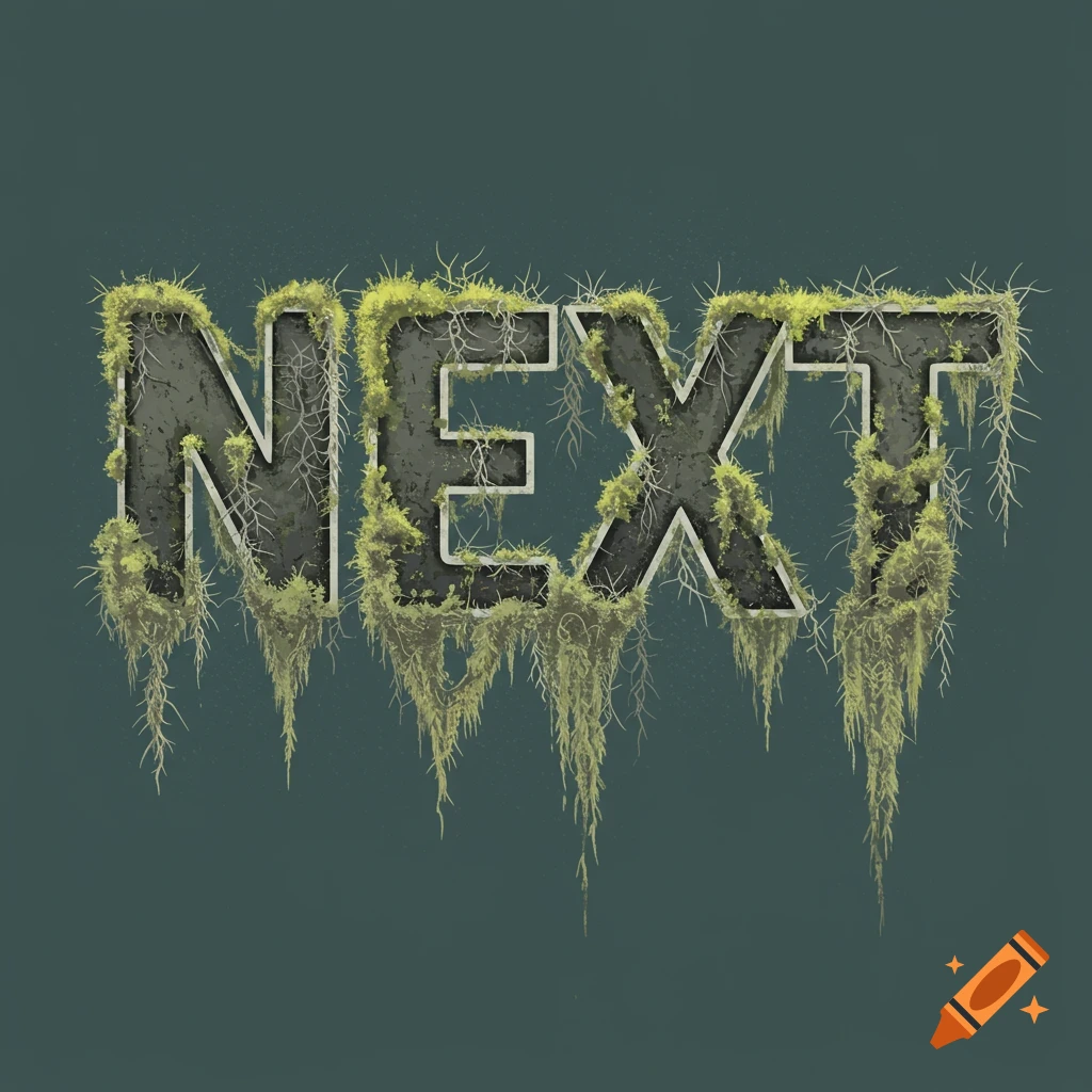 The word NEXT covered in moss