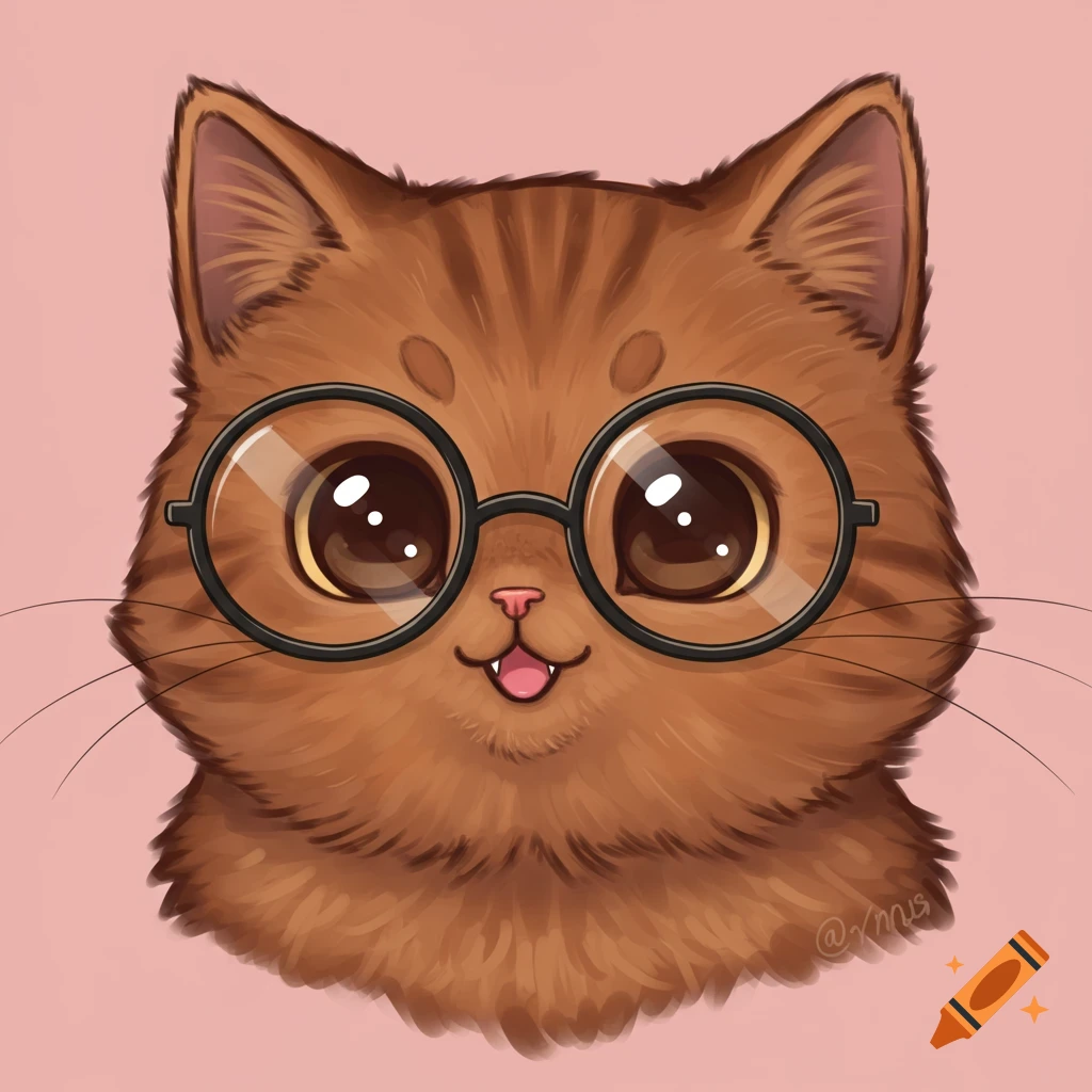 Illustration of a cute brown tabby cat wearing black glasses