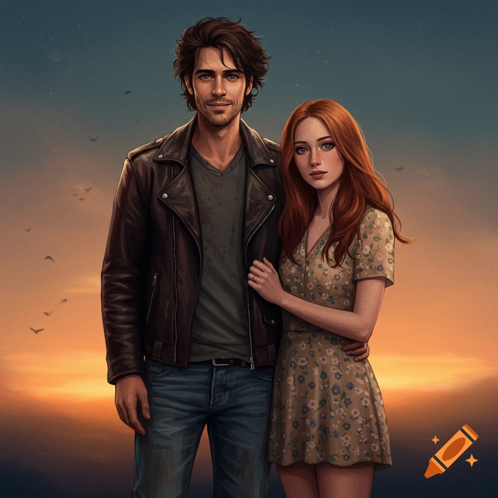 A man and a woman standing in a field at sunset.