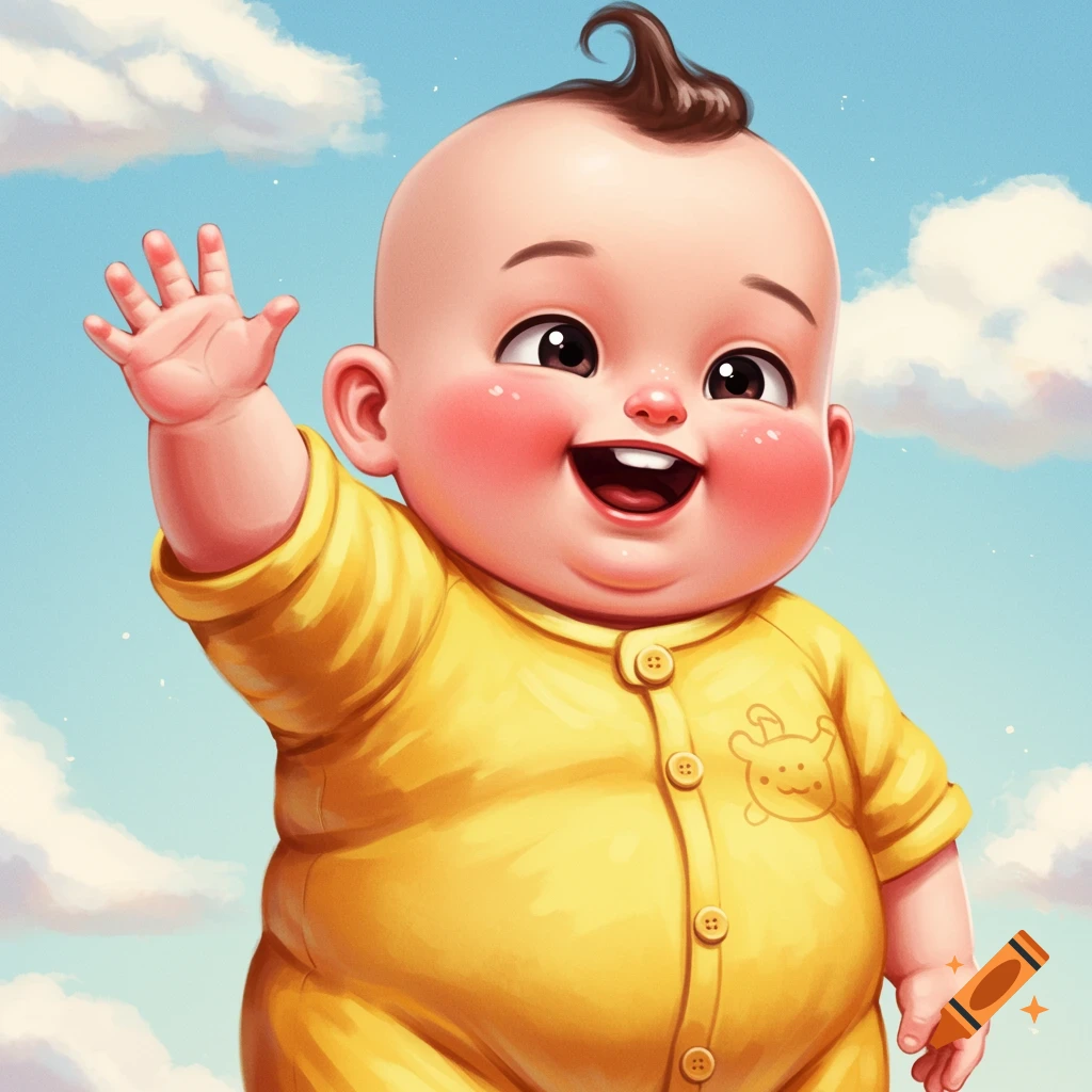 A cheerful cartoon baby with rosy cheeks waves in a yellow onesie against a cloudy blue sky.