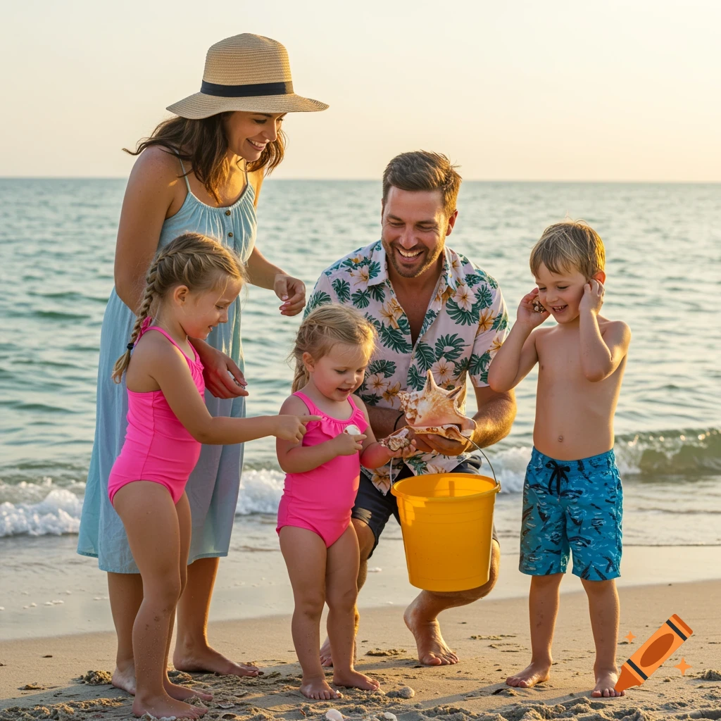 A family of four finds seashells on a sandy beach at sunset.