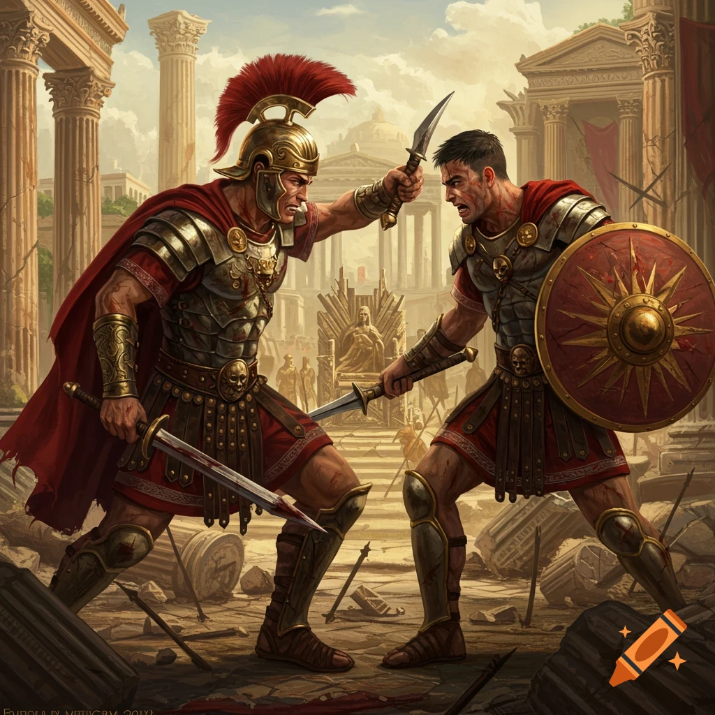 Two Roman soldiers fight with swords and a dagger in a ruined temple setting.
