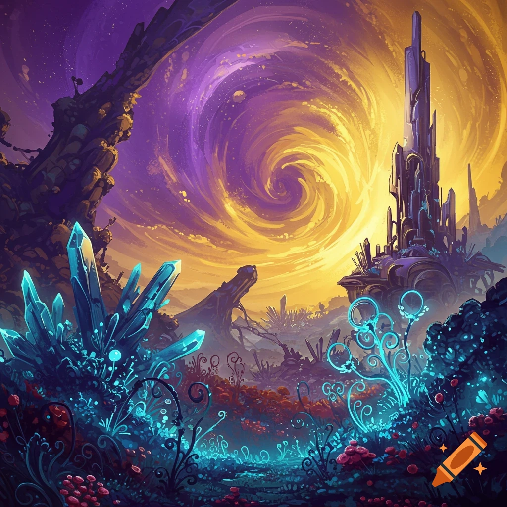 Vibrant fantasy landscape with giant blue crystals, glowing plants, a futuristic spire, and a swirling purple and orange sky.