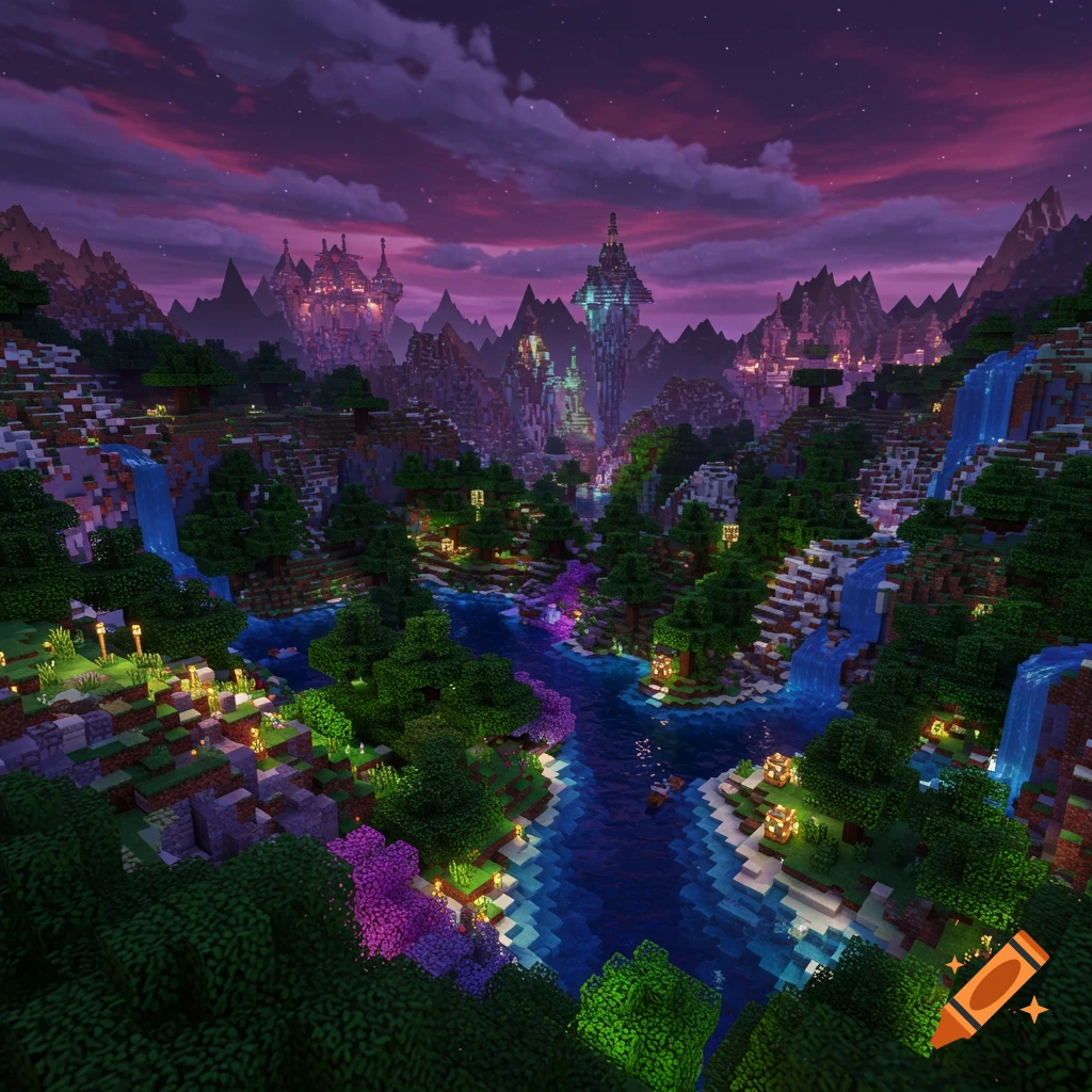 A blocky fantasy landscape in Minecraft style with rivers, waterfalls, trees, and buildings under a starry purple sky.