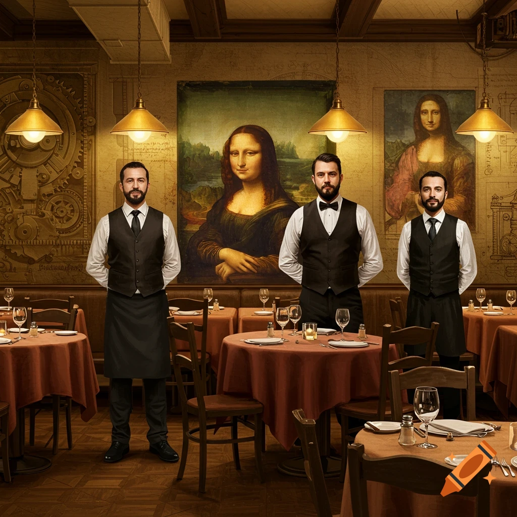 Three waiters stand in a restaurant decorated with large paintings of the Mona Lisa and diagrams.