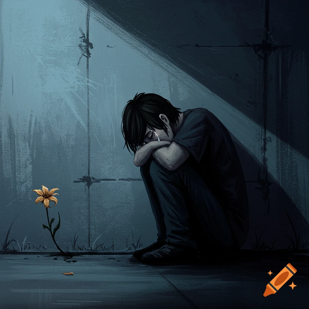 A sad person sits huddled on the ground next to a single flower in a dark, gloomy scene.