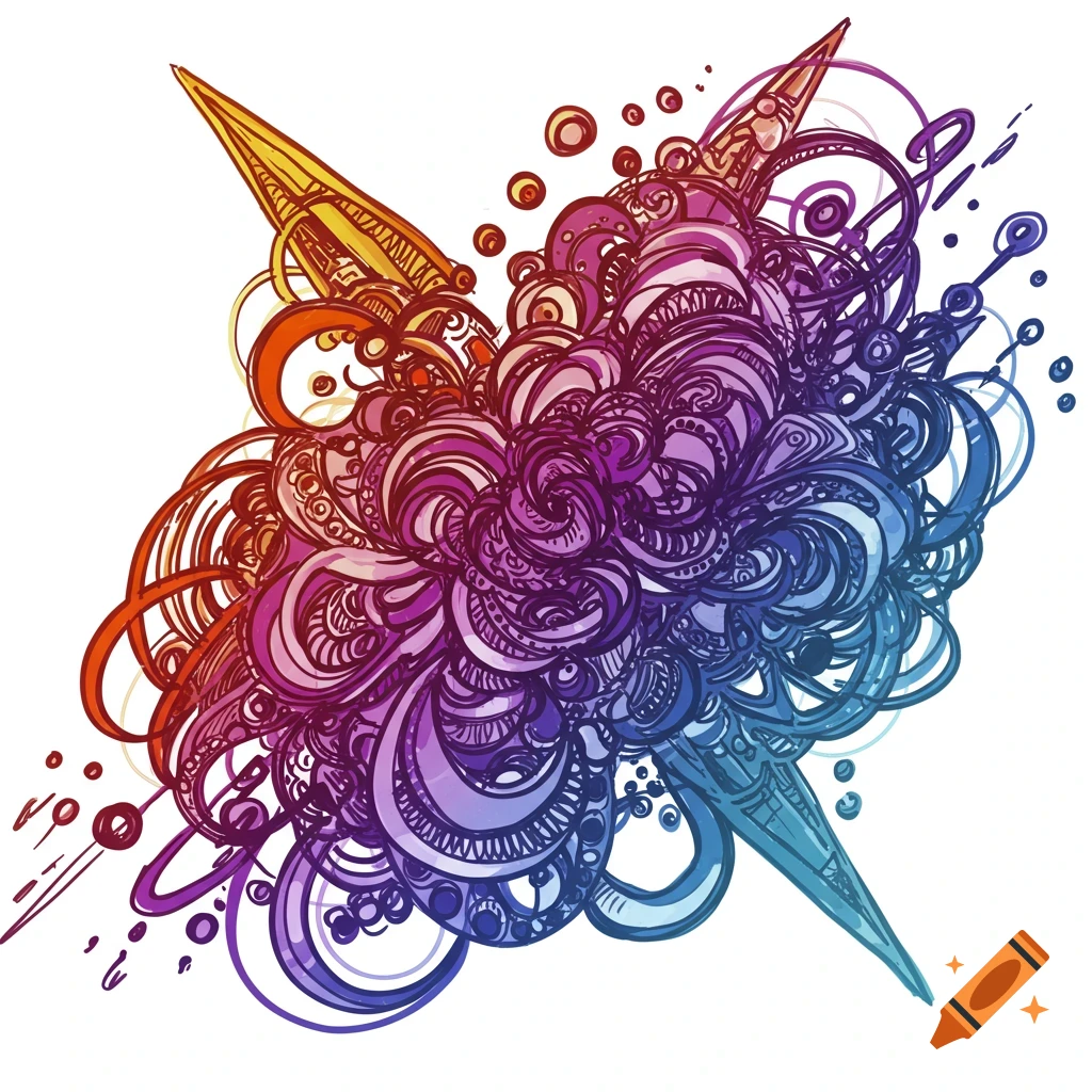 A detailed, swirling abstract illustration featuring organic shapes and tendrils, rendered with a vibrant red, orange, purple, and blue gradient on a white background.
