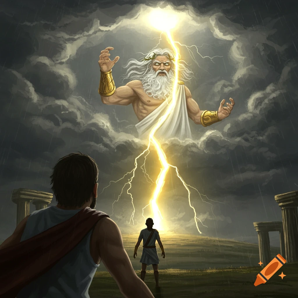 Zeus in storm clouds casting lightning down at a person standing near ancient ruins.