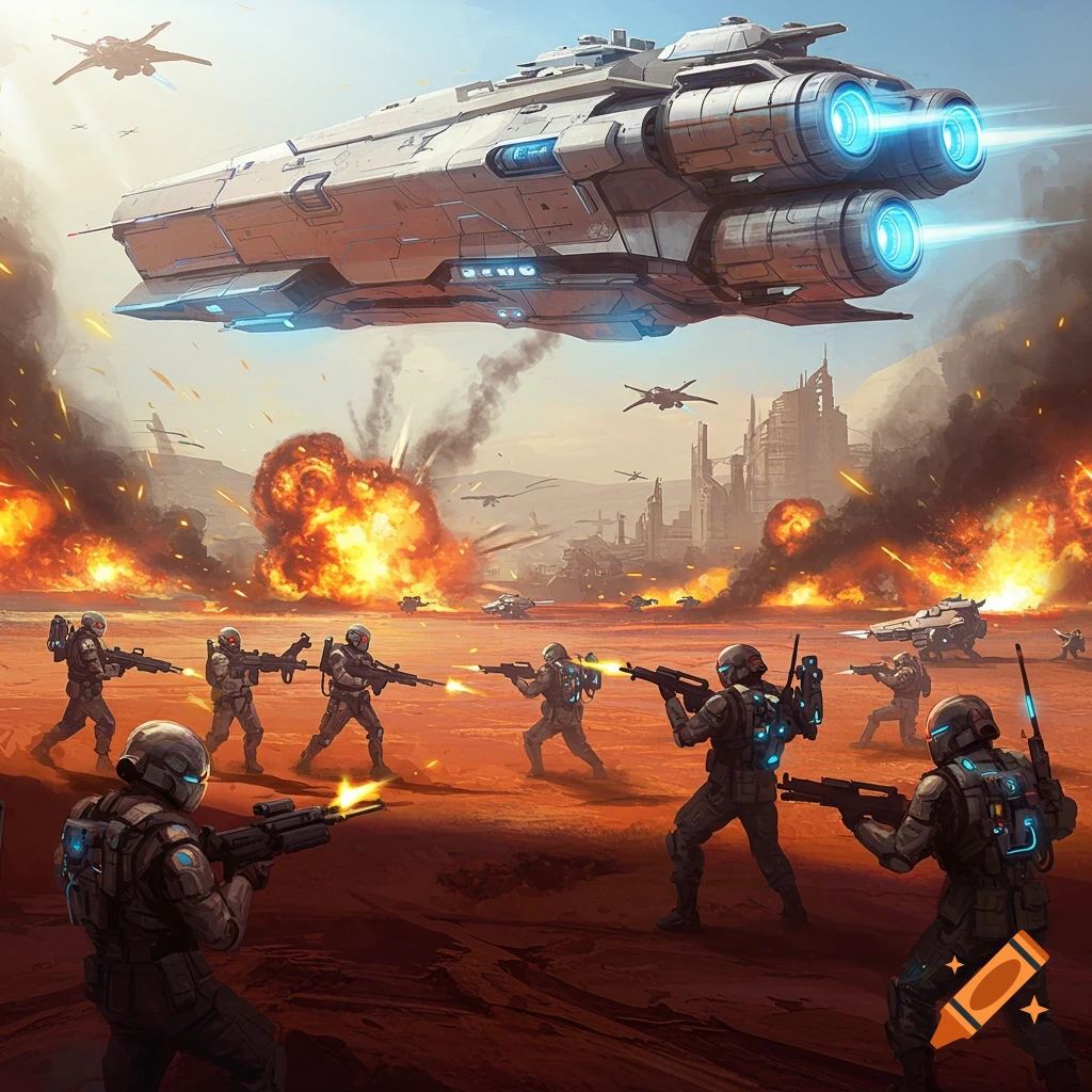 Soldiers battling on a fiery alien landscape under a large spaceship.