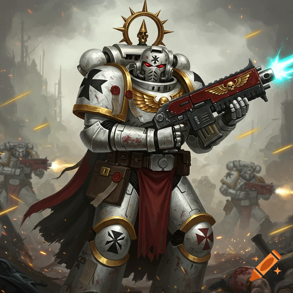 A Warhammer 40k Space Marine wields a bolter amidst a battle scene.