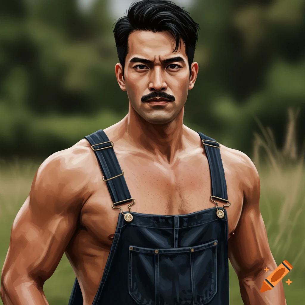 A muscular man with a mustache is wearing overalls.