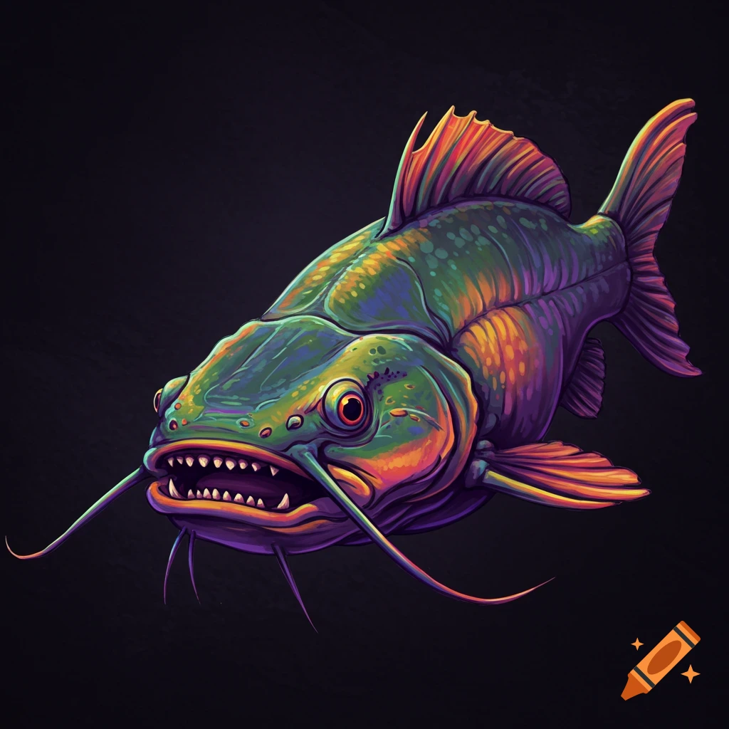 A vibrant, stylized gafftop catfish with whiskers and sharp teeth against a dark background.