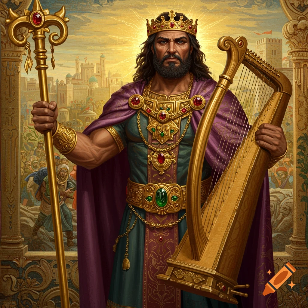 Image of King David in royal attire holding a staff and harp before a city.