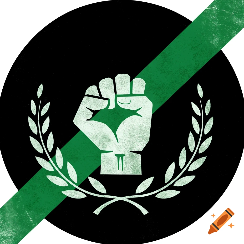 Graphic symbol of a raised fist and laurel wreath on a black circle with a diagonal green stripe.