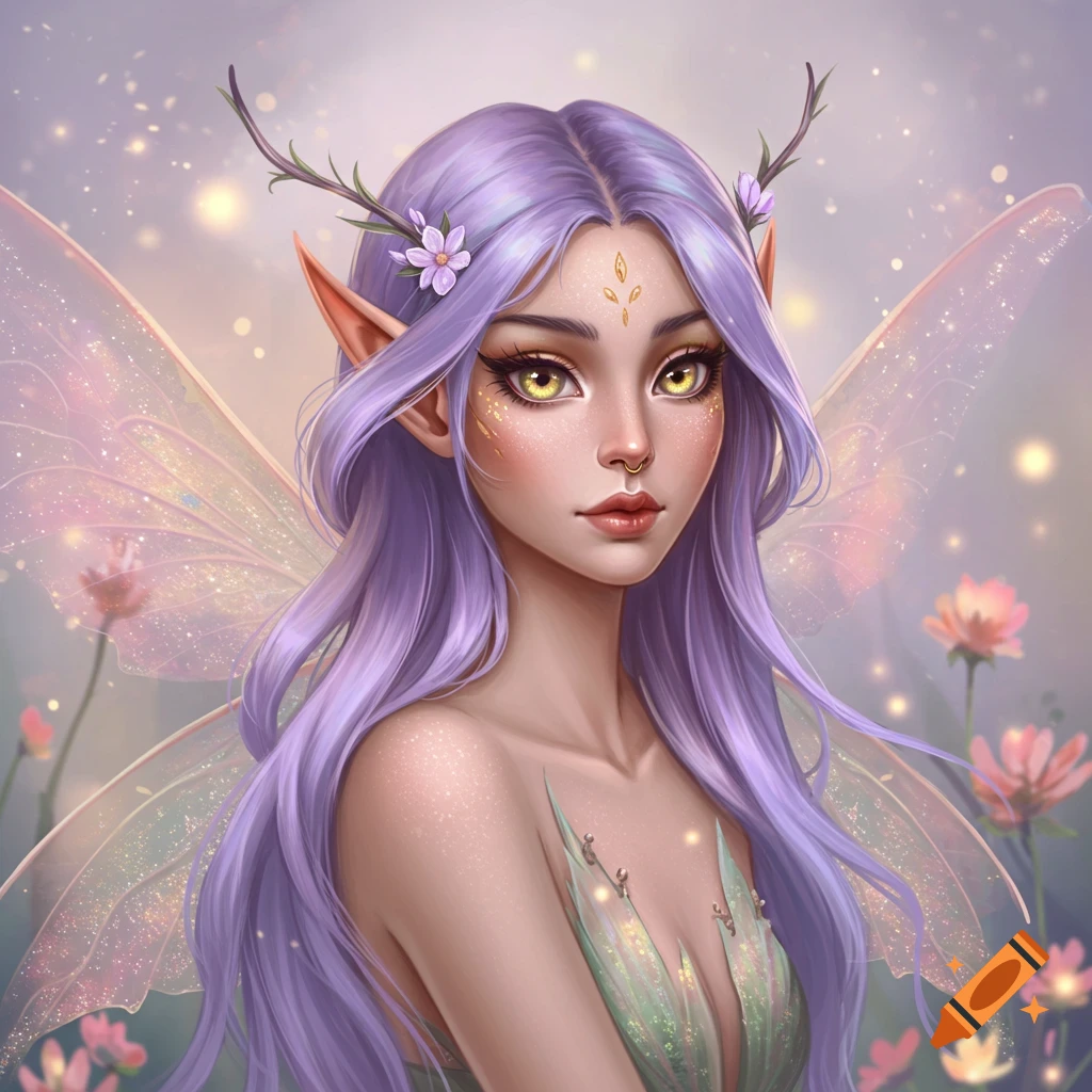 Painting of a fantasy fairy with lavender hair, yellow eyes, and iridescent wings in a garden.