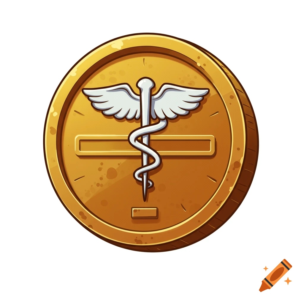 Cartoon golden coin with a medical caduceus symbol
