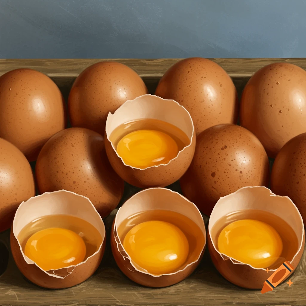 Brown eggs in a tray, some cracked open.