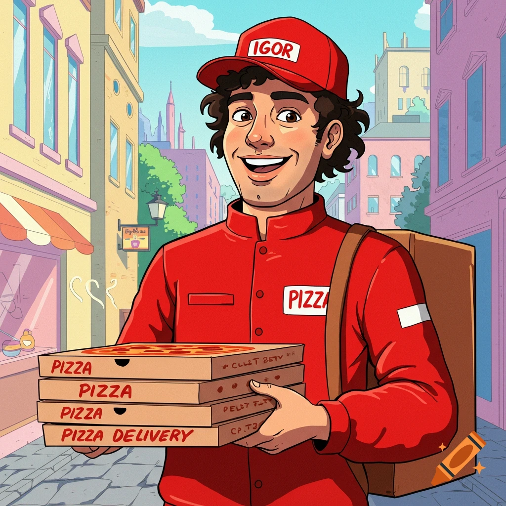 A man in a red pizza delivery uniform is holding pizza boxes on a city street.