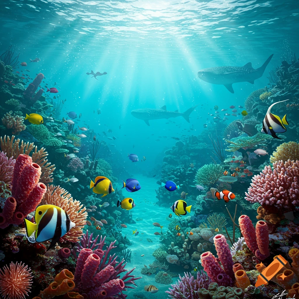 A vibrant coral reef scene with colorful fish and whale sharks swimming in sunlit water.