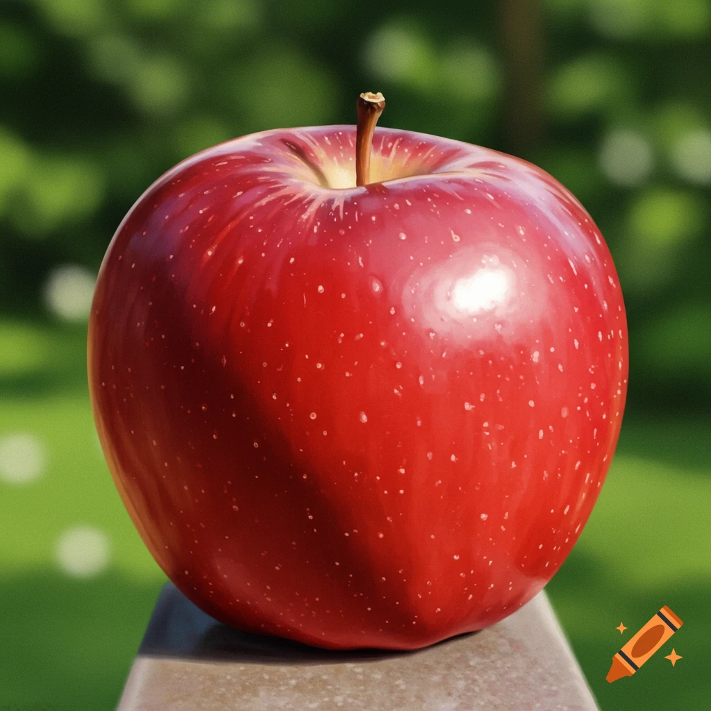 A close-up of a red apple against a blurry green background.
