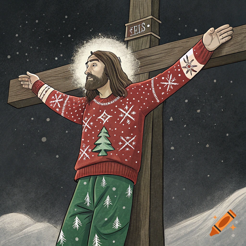 Illustration of Jesus on a cross wearing a Christmas sweater and festive pants at night.