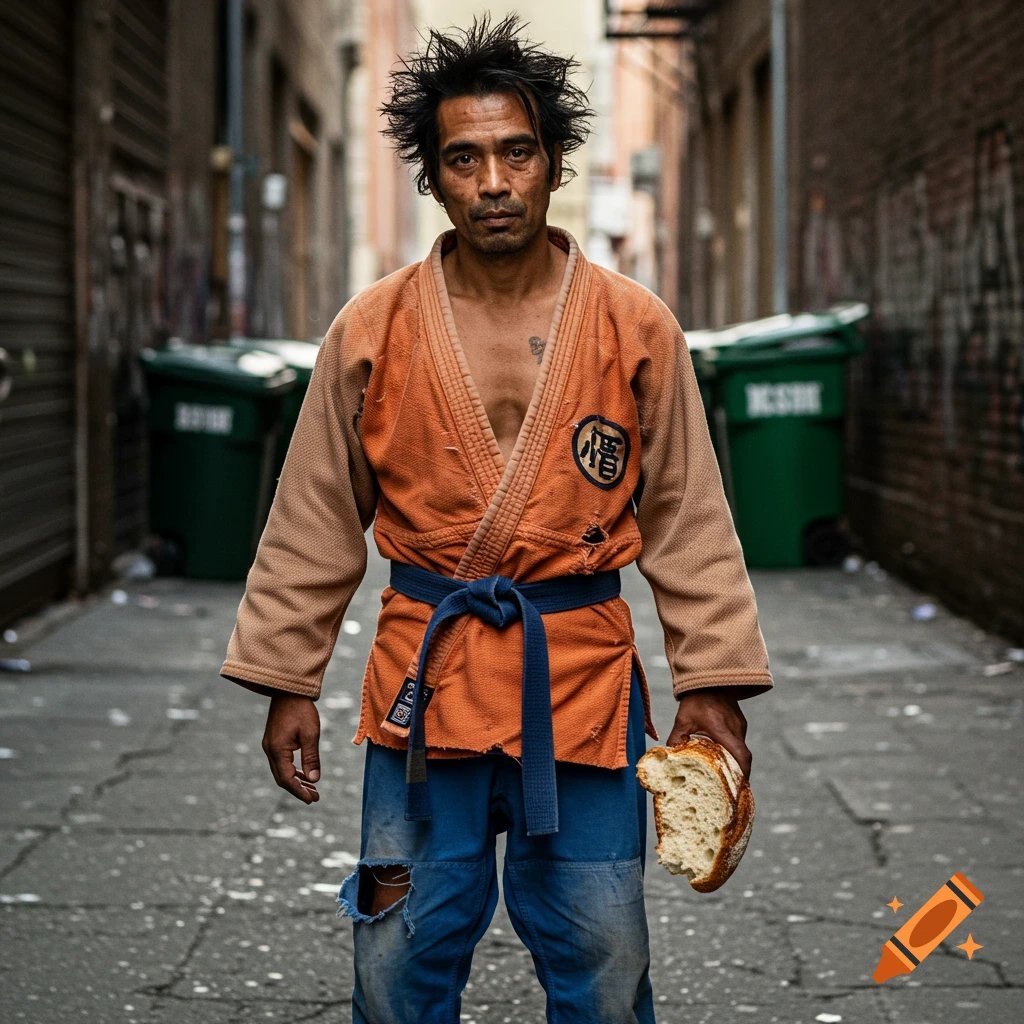 A man wearing a worn orange gi and blue belt stands in an alleyway holding a loaf of bread.