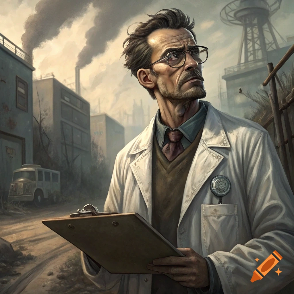 Man in lab coat with clipboard in industrial setting