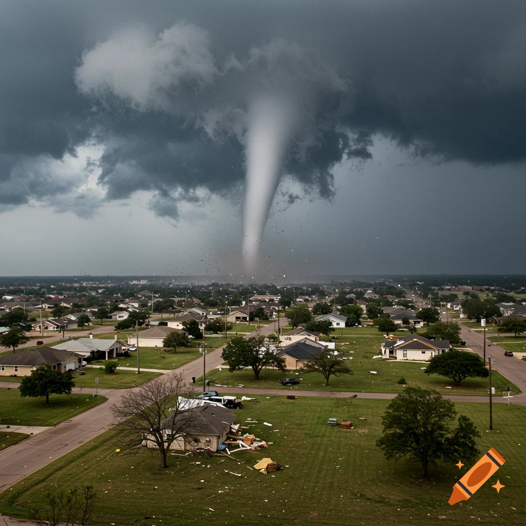 A large tornado descends over a suburban neighborhood with debris on the ground.