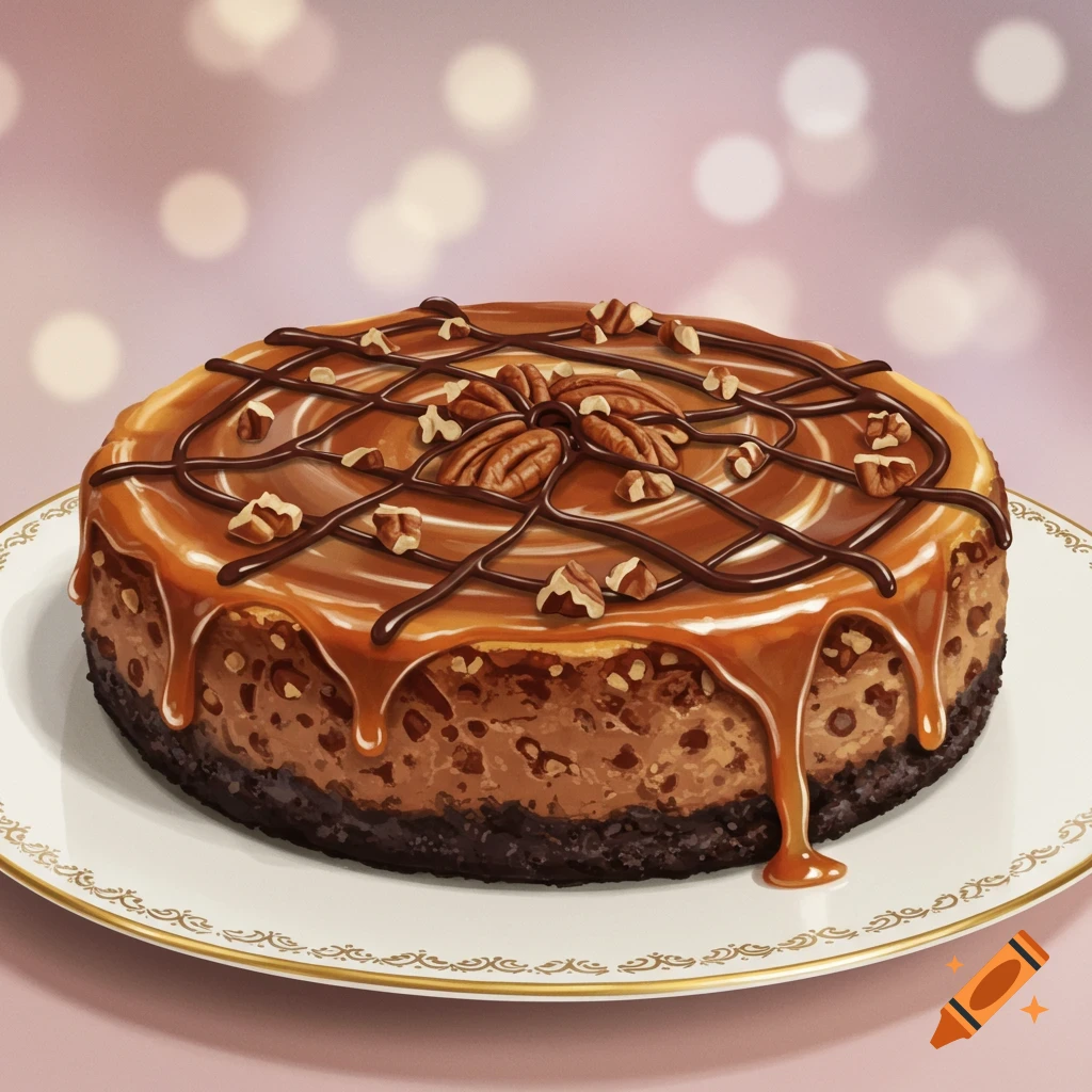 A turtle cheesecake drizzled with caramel and chocolate on a white plate.