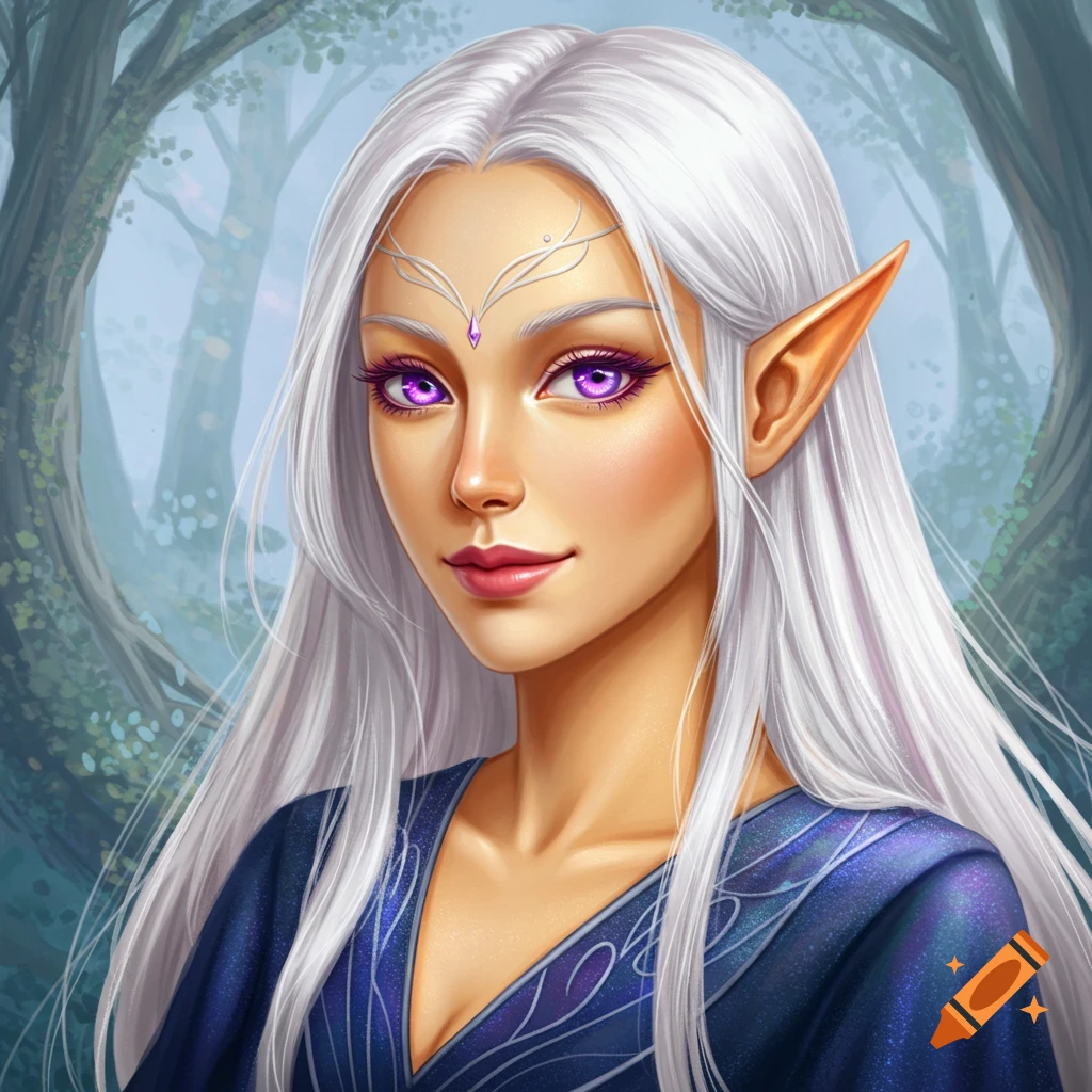 Portrait of a female elf with white hair and purple eyes.