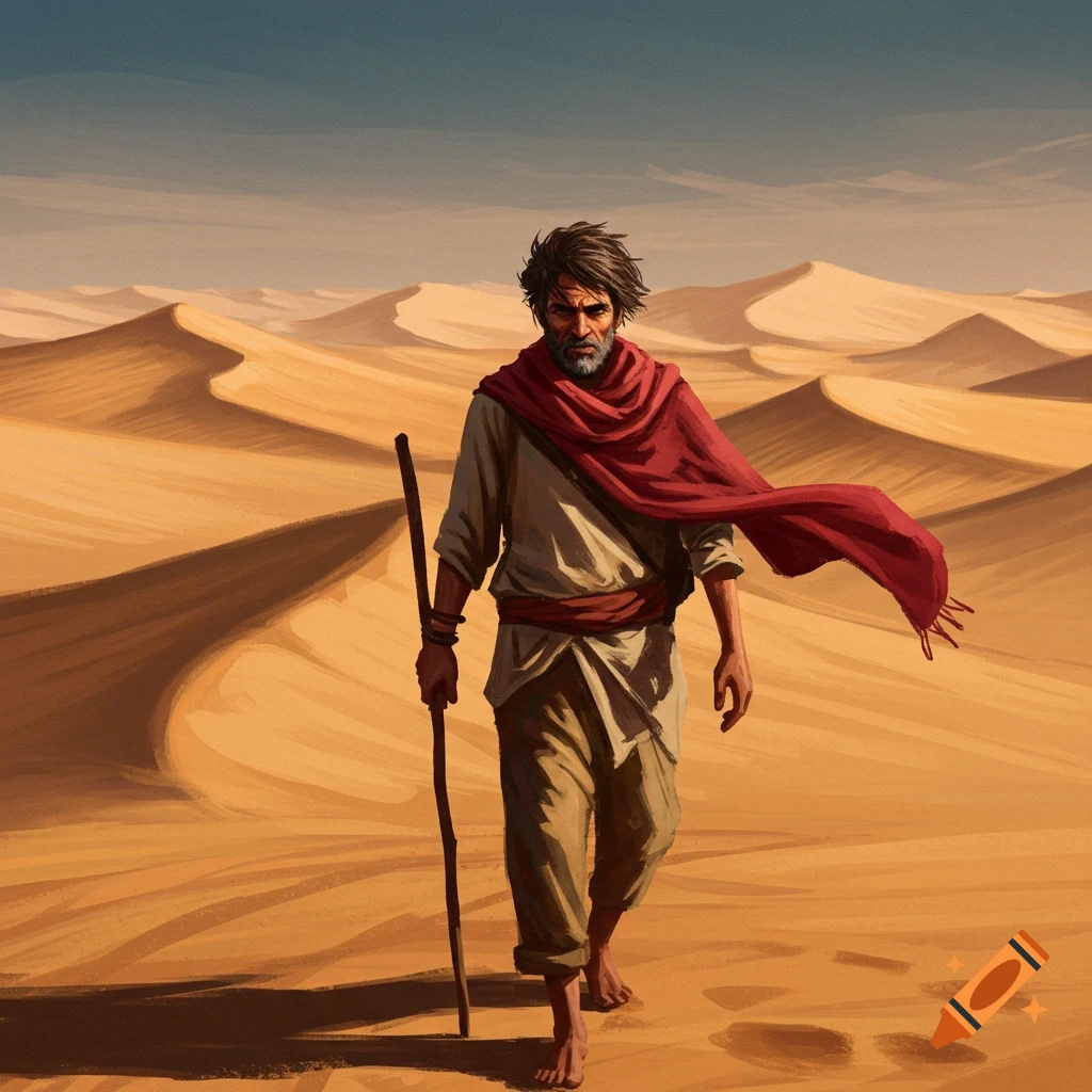 A man walks with a stick and scarf through a sandy desert landscape.