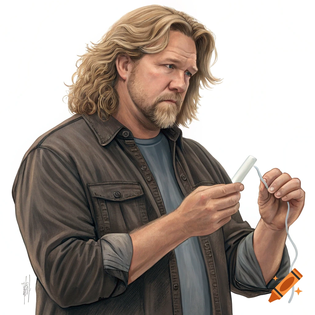 Realistic illustration of a man resembling Kody Brown holding a tampon and looking at it.