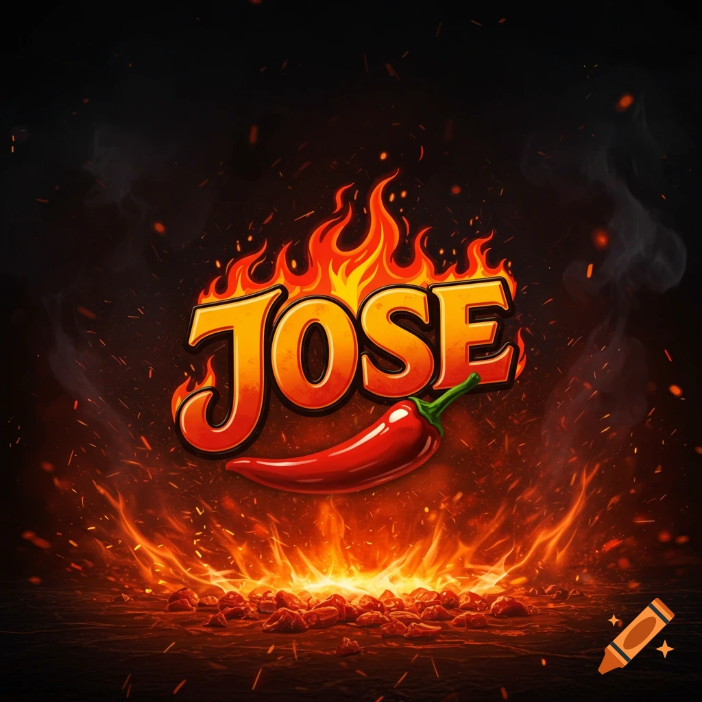 Fiery logo with the text 'JOSE' above a red chili pepper, surrounded by flames and sparks.