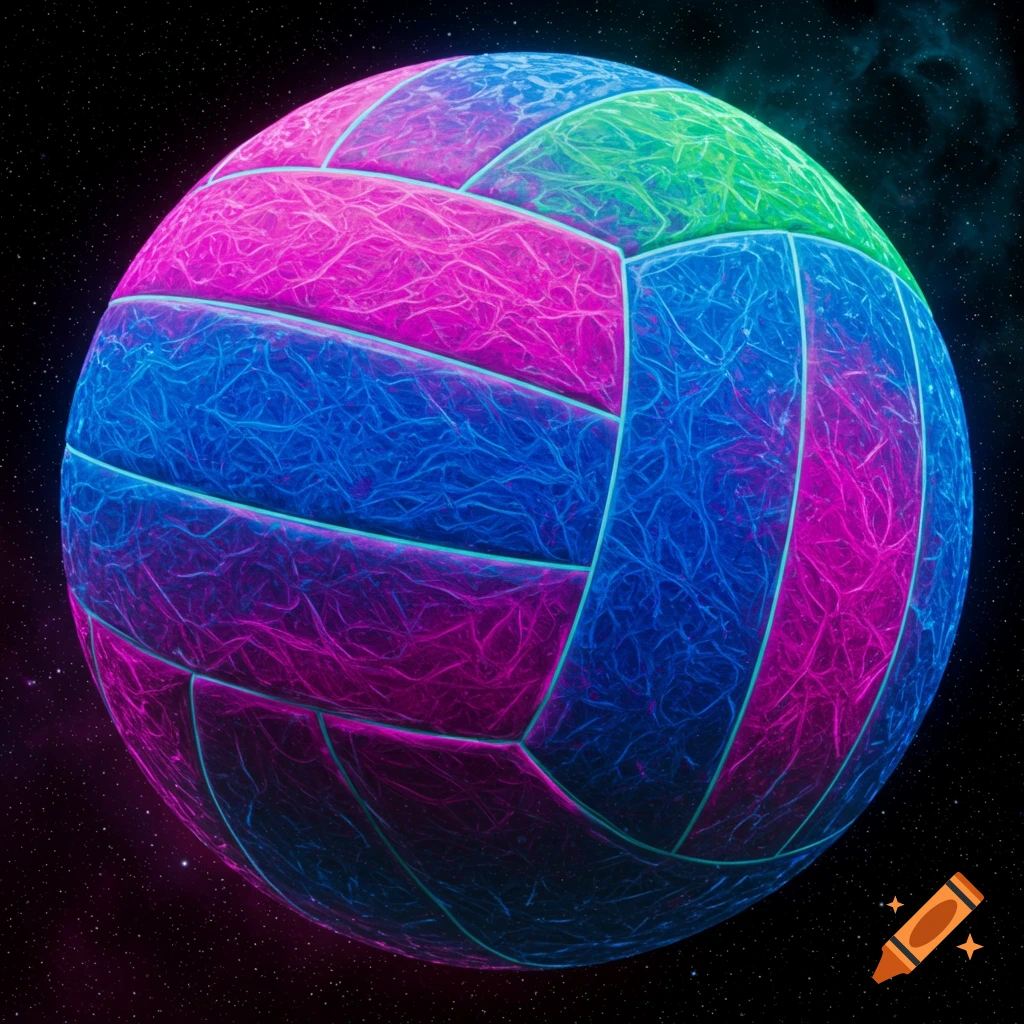 Abstract of a volleyball with glowing pink, blue, and green textures against a starry background.